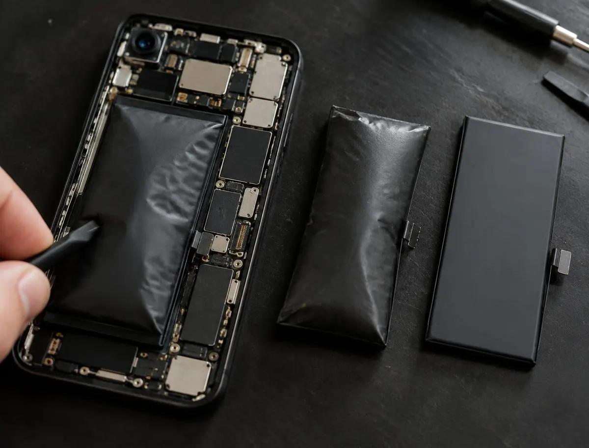 Pila inflada retirada de un celular junto a una pila nueva