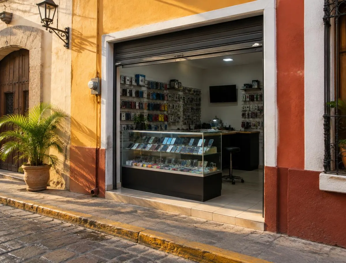 Fachada ilustrativa de un local de reparación de celulares en una calle del centro
