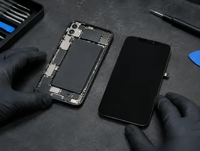 Pantalla nueva junto a un celular desarmado