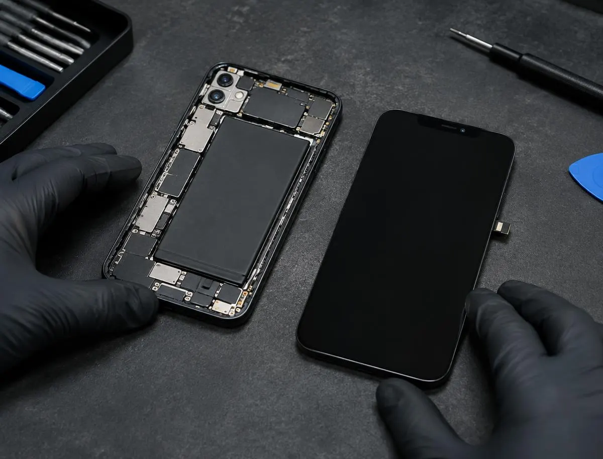 Pantalla de reemplazo junto a un celular desarmado